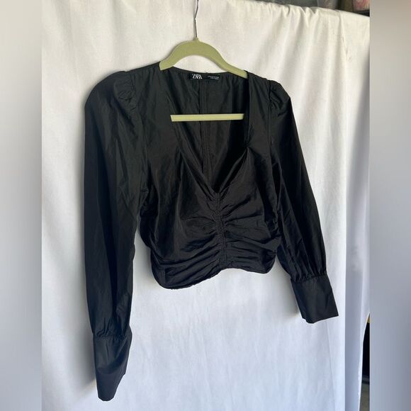 Zara Scrunchy Crop Top Long Sleeves Puffy Black size M - Picture 6 of 9